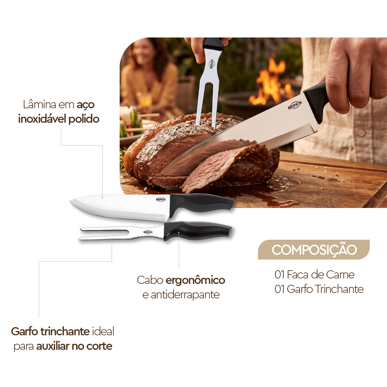 Jogo Churrasco Brinox Faca e Garfo Trinchante Cross Preto - foto 3