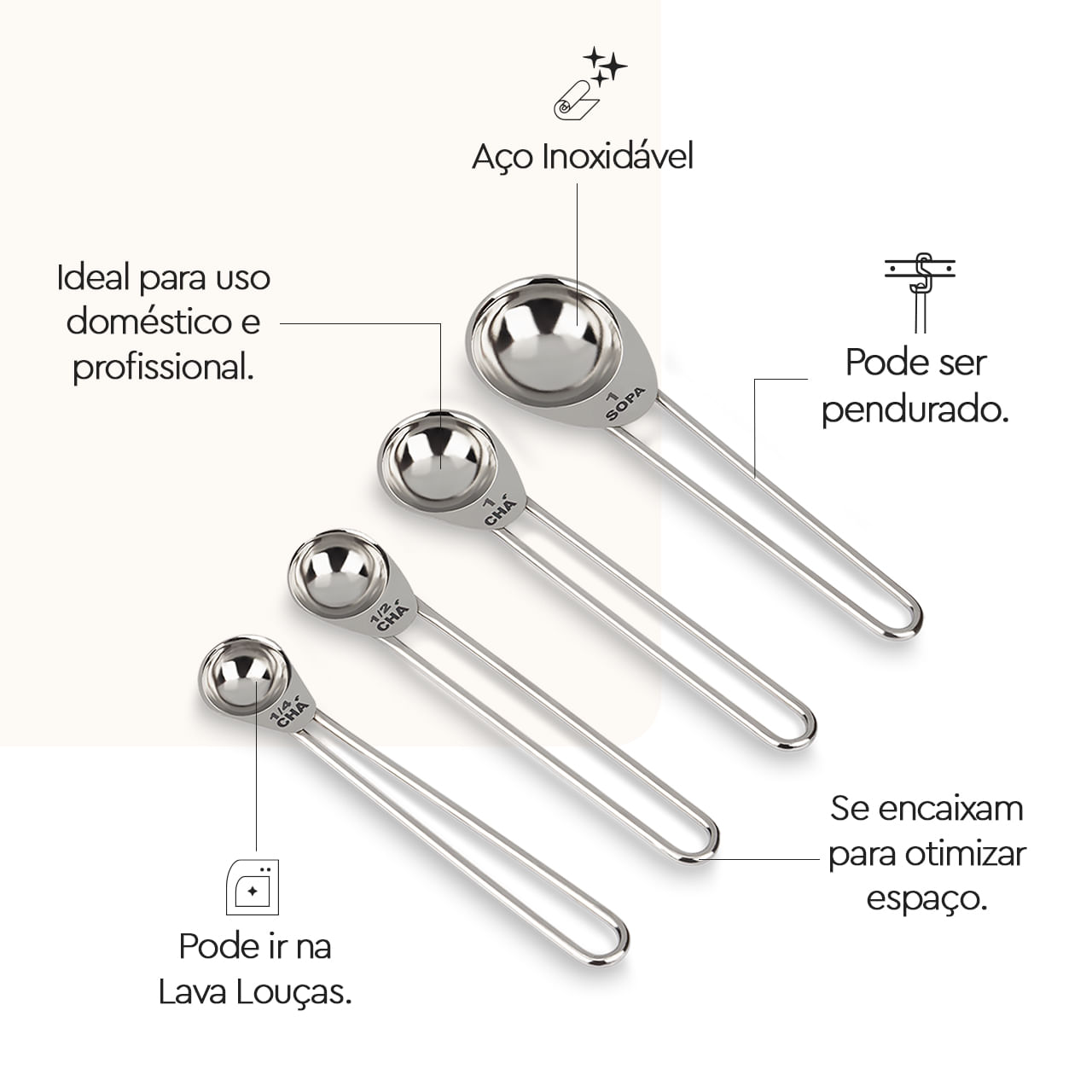 Conjunto Medidor Colher Brinox 4 Peças Aço Inox - foto 3