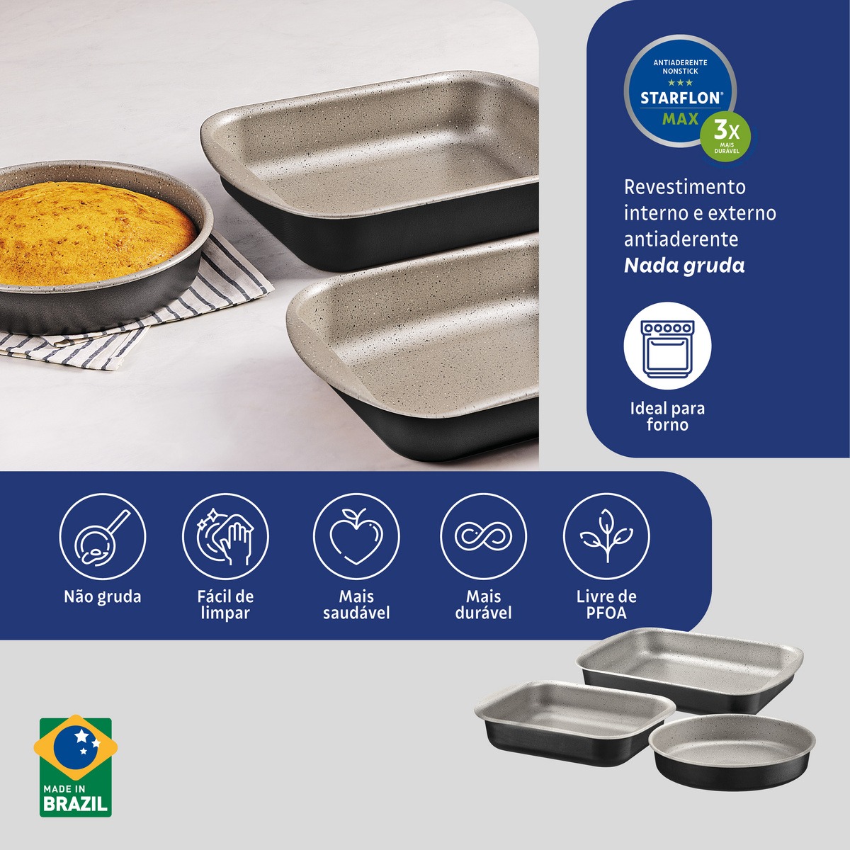 Jogo de Assadeiras Tramontina Brasil em Alumínio com Revestimento Antiaderente Starflon Max 3 Peças Preta/Cinza - Imagem 2