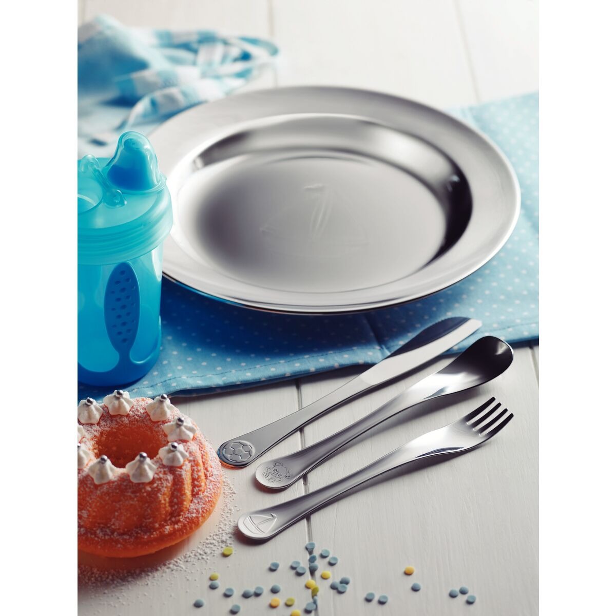 Jogo de Talheres Infantil Tramontina Baby Friends Menino em Aço Inox Acabamento Brilho com Desenho em Alto Relevo 3 Peças - Imagem 2